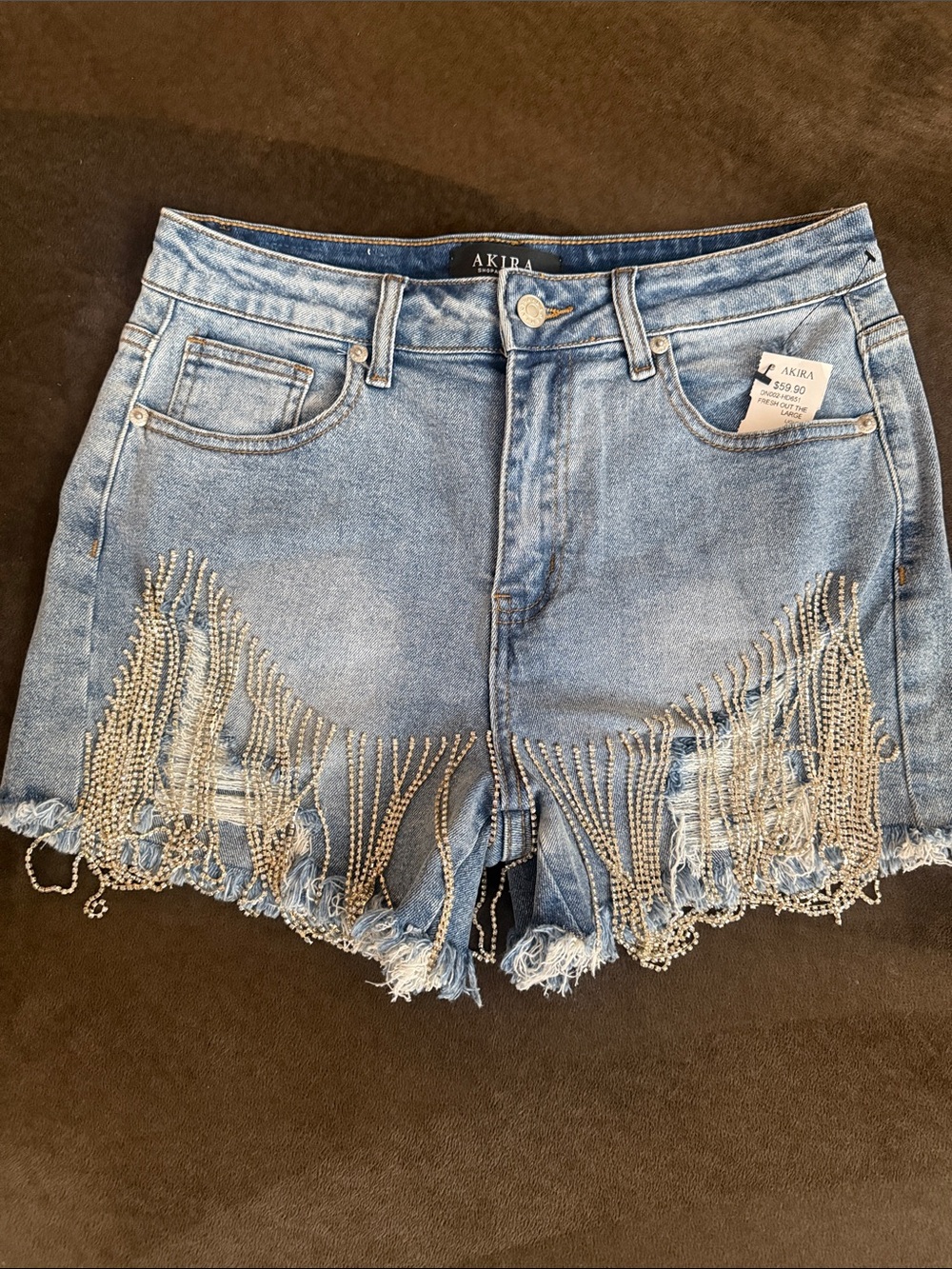 AKIRA Light Blue Denim Shorts with Crystal Fringe